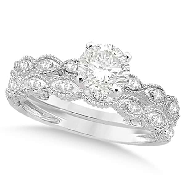 Petite Antique-Design Diamond Bridal Set in 14k White Gold (0.58ct)