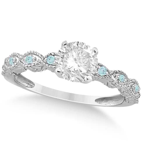 Vintage Diamond & Aquamarine Bridal Set 14k White Gold 0.95ct