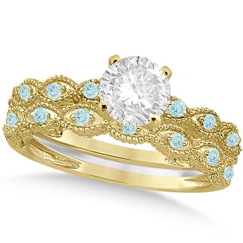 Vintage Diamond & Aquamarine Bridal Set 14k Yellow Gold 0.95ct