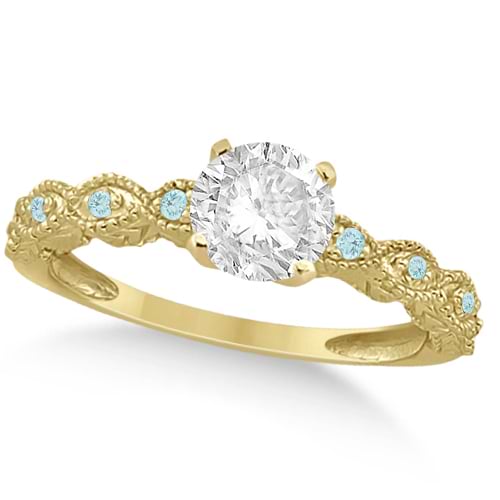 Vintage Diamond & Aquamarine Bridal Set 14k Yellow Gold 1.70ct
