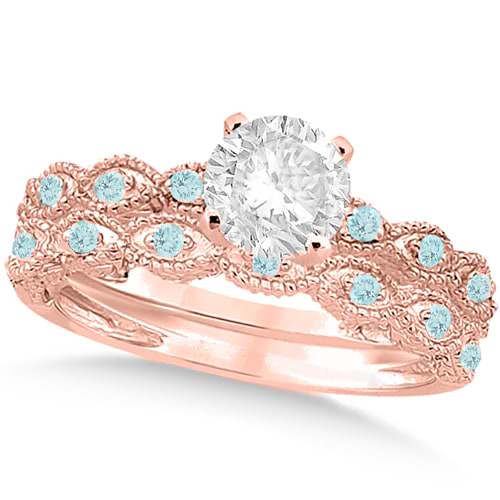 Vintage Diamond & Aquamarine Bridal Set 18k Rose Gold 0.95ct