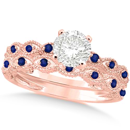 Vintage Diamond & Blue Sapphire Bridal Set 14k Rose Gold 0.70ct