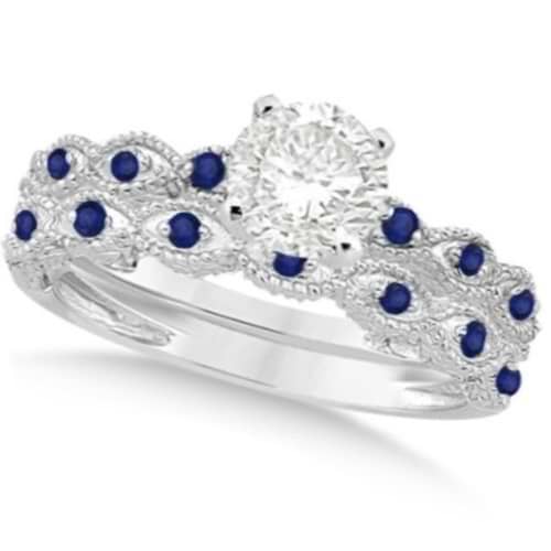 Vintage Diamond & Blue Sapphire Bridal Set 14k White Gold 0.70ct