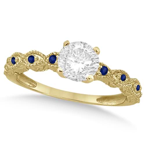Vintage Diamond & Blue Sapphire Bridal Set 14k Yellow Gold 0.95ct