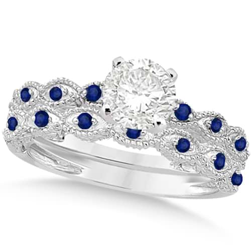 Vintage Diamond & Blue Sapphire Bridal Set 18k White Gold 0.70ct