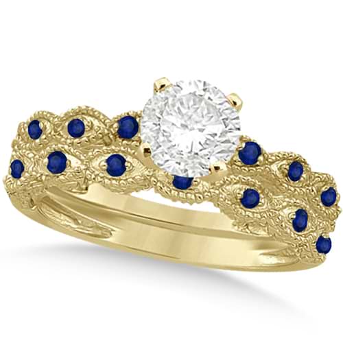 Vintage Diamond & Blue Sapphire Bridal Set 18k Yellow Gold 0.95ct