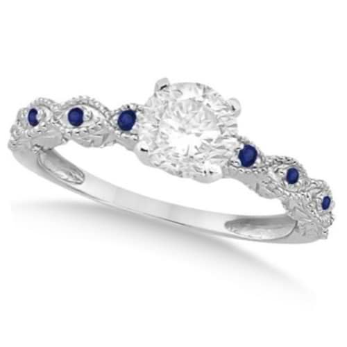 Vintage Lab Grown Diamond & Blue Sapphire Bridal Set 14k White Gold 0.95ct