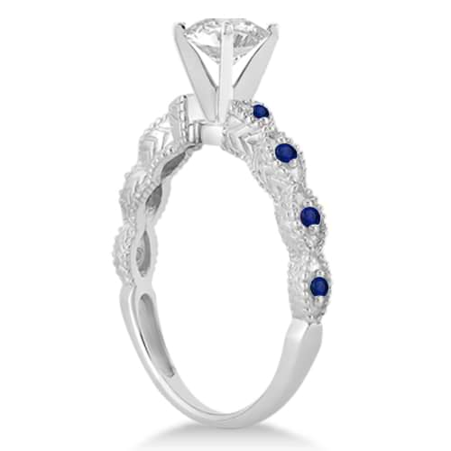 Vintage Lab Grown Diamond & Blue Sapphire Bridal Set 14k White Gold 0.95ct