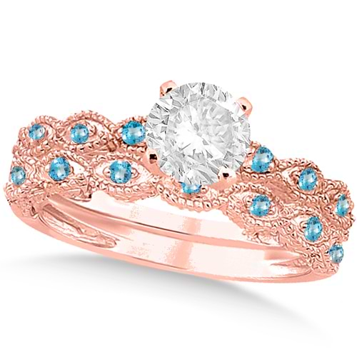 Vintage Diamond & Blue Topaz Bridal Set 14k Rose Gold 0.70ct