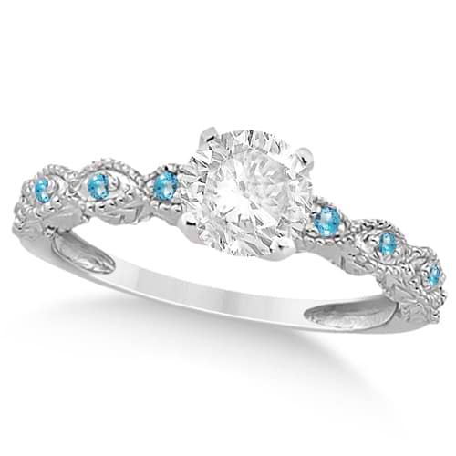 Vintage Diamond & Blue Topaz Bridal Set 14k White Gold 0.95ct
