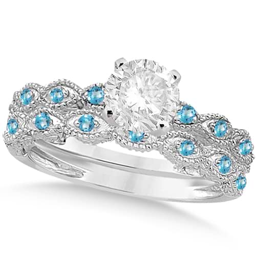 Vintage Diamond & Blue Topaz Bridal Set 14k White Gold 1.70ct