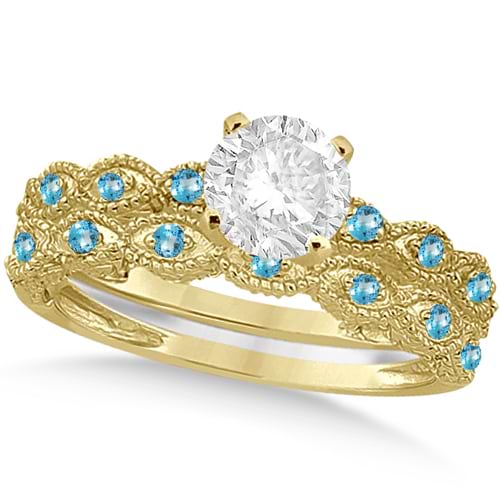 Vintage Diamond & Blue Topaz Bridal Set 14k Yellow Gold 0.95ct