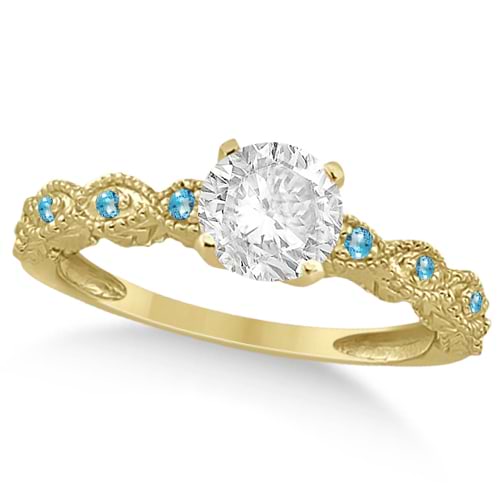 Vintage Diamond & Blue Topaz Bridal Set 18k Yellow Gold 1.70ct