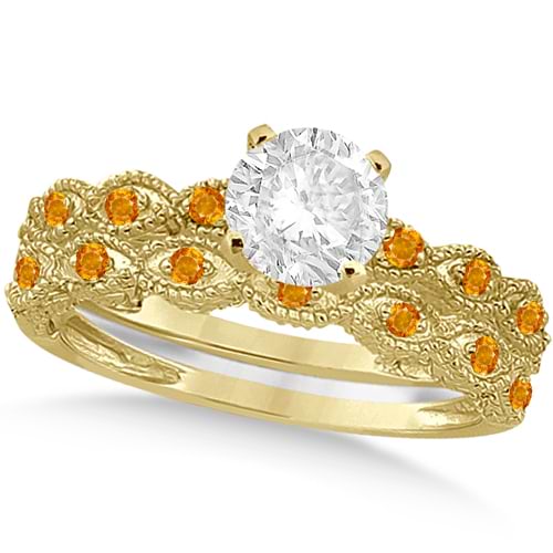 Vintage Diamond & Citrine Bridal Set 14k Yellow Gold 1.70ct