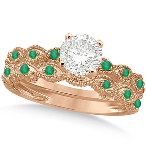 Vintage Diamond & Emerald Bridal Set 14k Rose Gold 0.70ct
