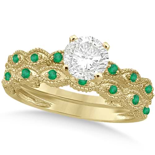 Vintage Diamond & Emerald Bridal Set 14k Yellow Gold 0.70ct