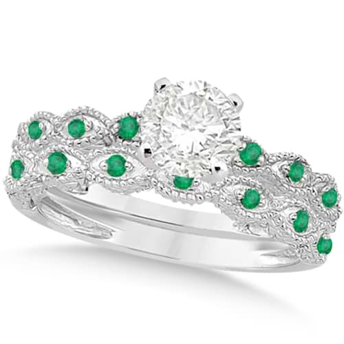 Vintage Diamond & Emerald Bridal Set Palladium 1.20ct