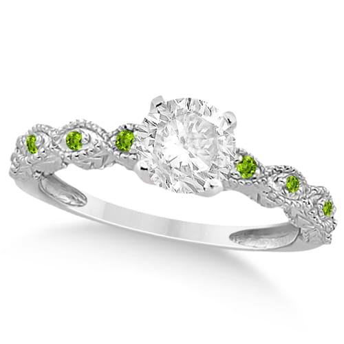 Vintage Diamond & Peridot Bridal Set 14k White Gold 1.70ct