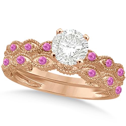 Vintage Diamond & Pink Sapphire Bridal Set 14k Rose Gold 0.95ct