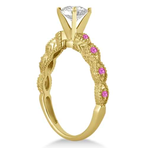 Vintage Diamond & Pink Sapphire Bridal Set 14k Yellow Gold 0.70ct