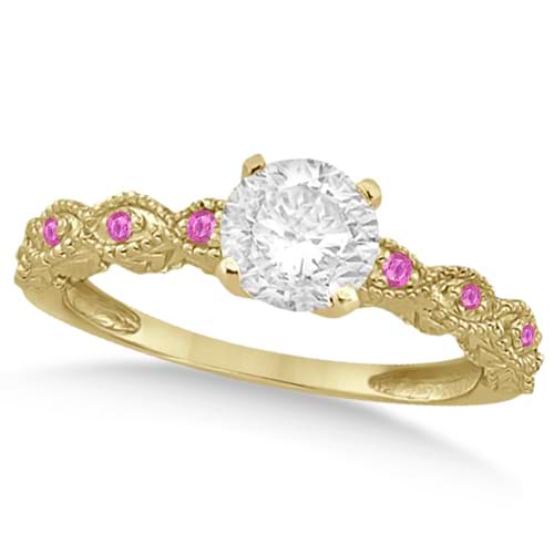 Vintage Diamond & Pink Sapphire Bridal Set 14k Yellow Gold 0.95ct