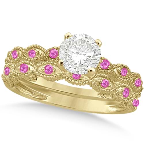 Vintage Diamond & Pink Sapphire Bridal Set 14k Yellow Gold 1.70ct