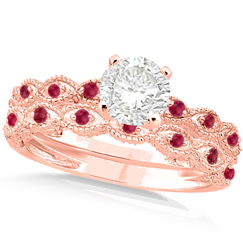 Vintage Diamond & Ruby Bridal Set 14k Rose Gold 0.95ct