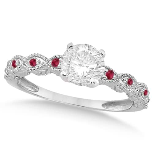 Vintage Diamond & Ruby Bridal Set 14k White Gold 0.70ct