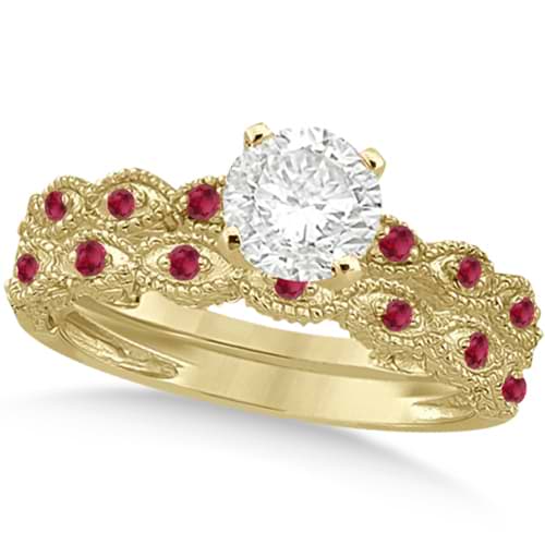 Vintage Diamond & Ruby Bridal Set 14k Yellow Gold 0.95ct