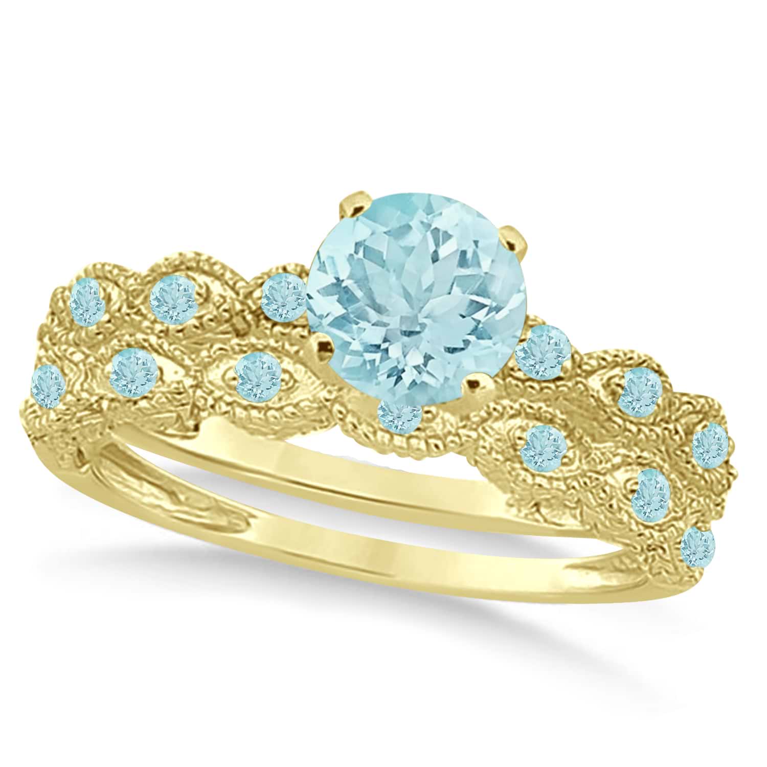 Vintage Aquamarine Engagement Ring Bridal Set 18k Yellow Gold (1.36ct)