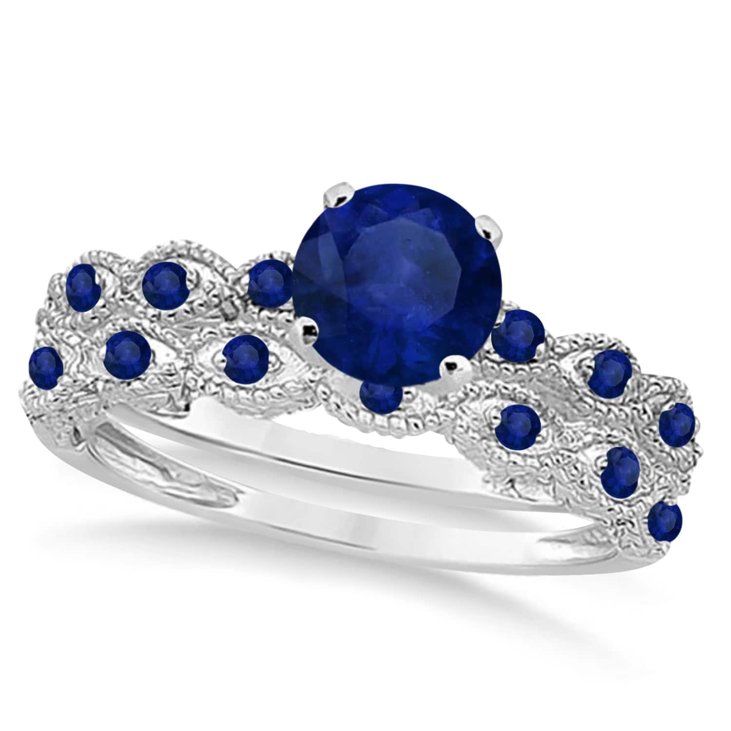 Vintage Blue Sapphire Engagement Ring Bridal Set Platinum 1.36ct
