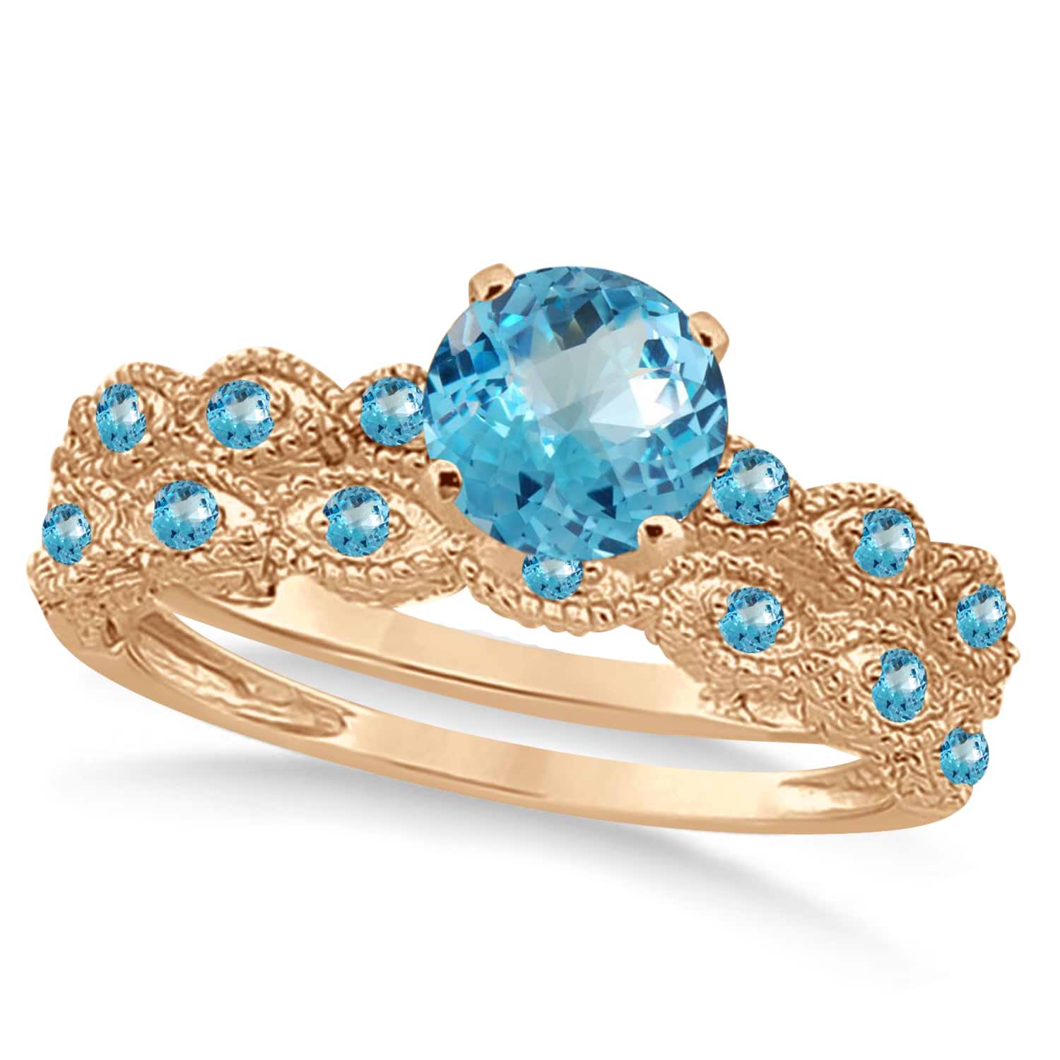 Vintage Blue Topaz Engagement Ring Bridal Set 14k Rose Gold 1.36ct