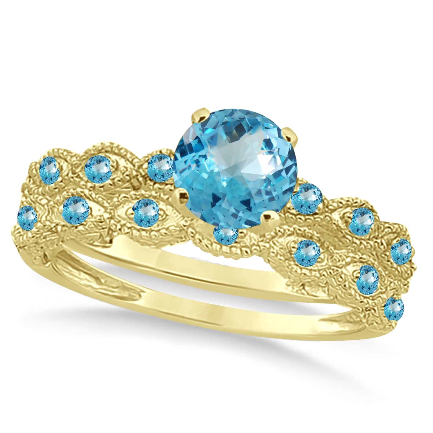 Vintage Blue Topaz Engagement Ring Bridal Set 14k Yellow Gold 1.36ct