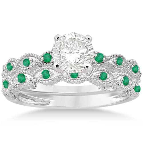 Antique Emerald Engagement Ring & Wedding Band 14k White Gold (0.36ct)