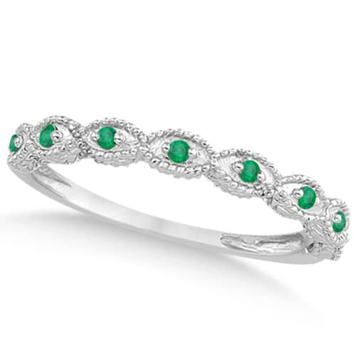 Antique Marquise Shape Emerald Wedding Ring 14k White Gold (0.18ct)