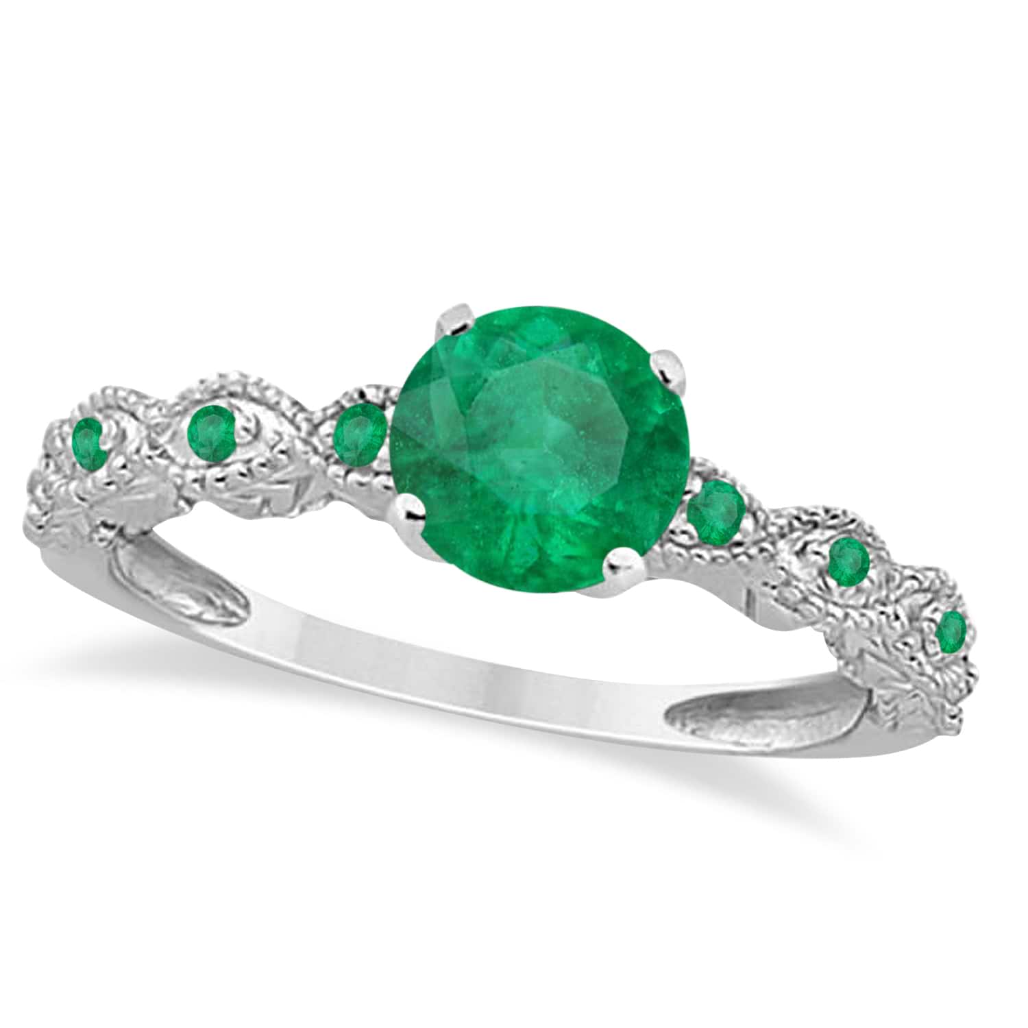 Vintage Style Emerald Engagement Ring 14k White Gold (1.18ct)