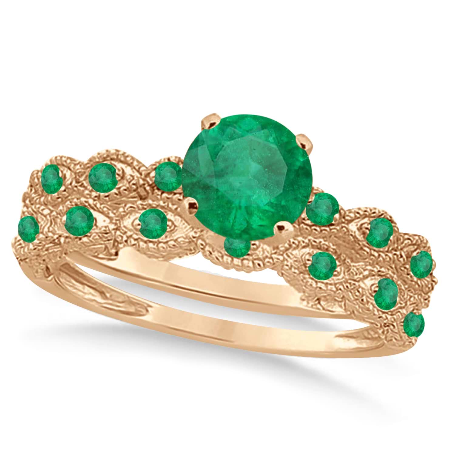 Vintage Emerald Engagement Ring Bridal Set 18k Rose Gold 1.36ct