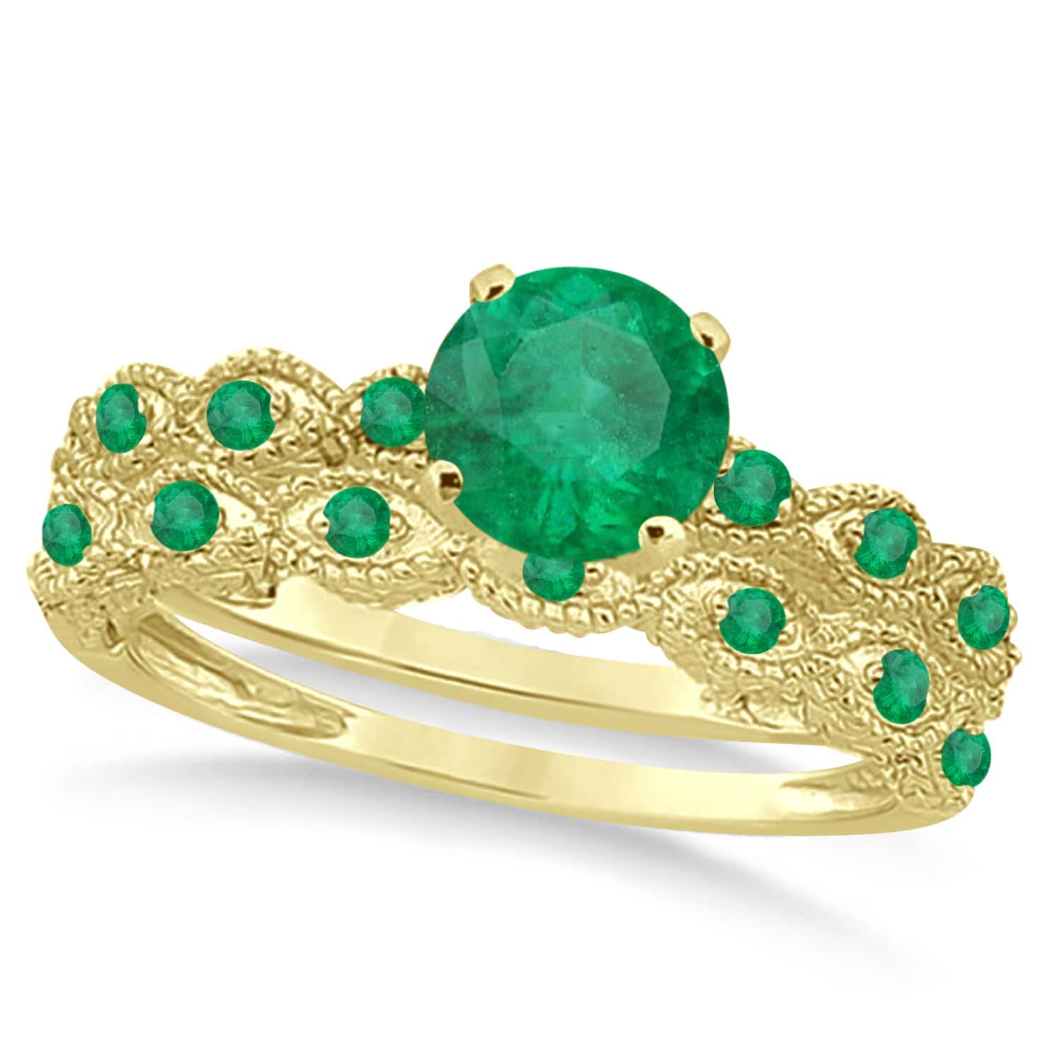 Vintage Emerald Engagement Ring Bridal Set 18k Yellow Gold 1.36ct