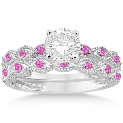 Antique Pink Saphpire Engagement Ring Set 14k White Gold (0.36ct)