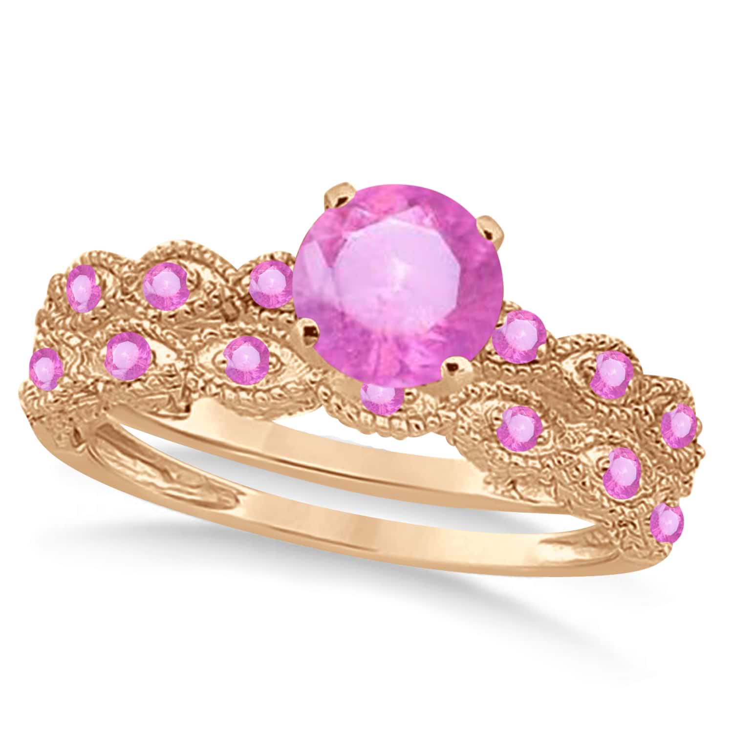 Vintage Pink Sapphire Engagement Ring Bridal Set 18k Rose Gold 1.36ct