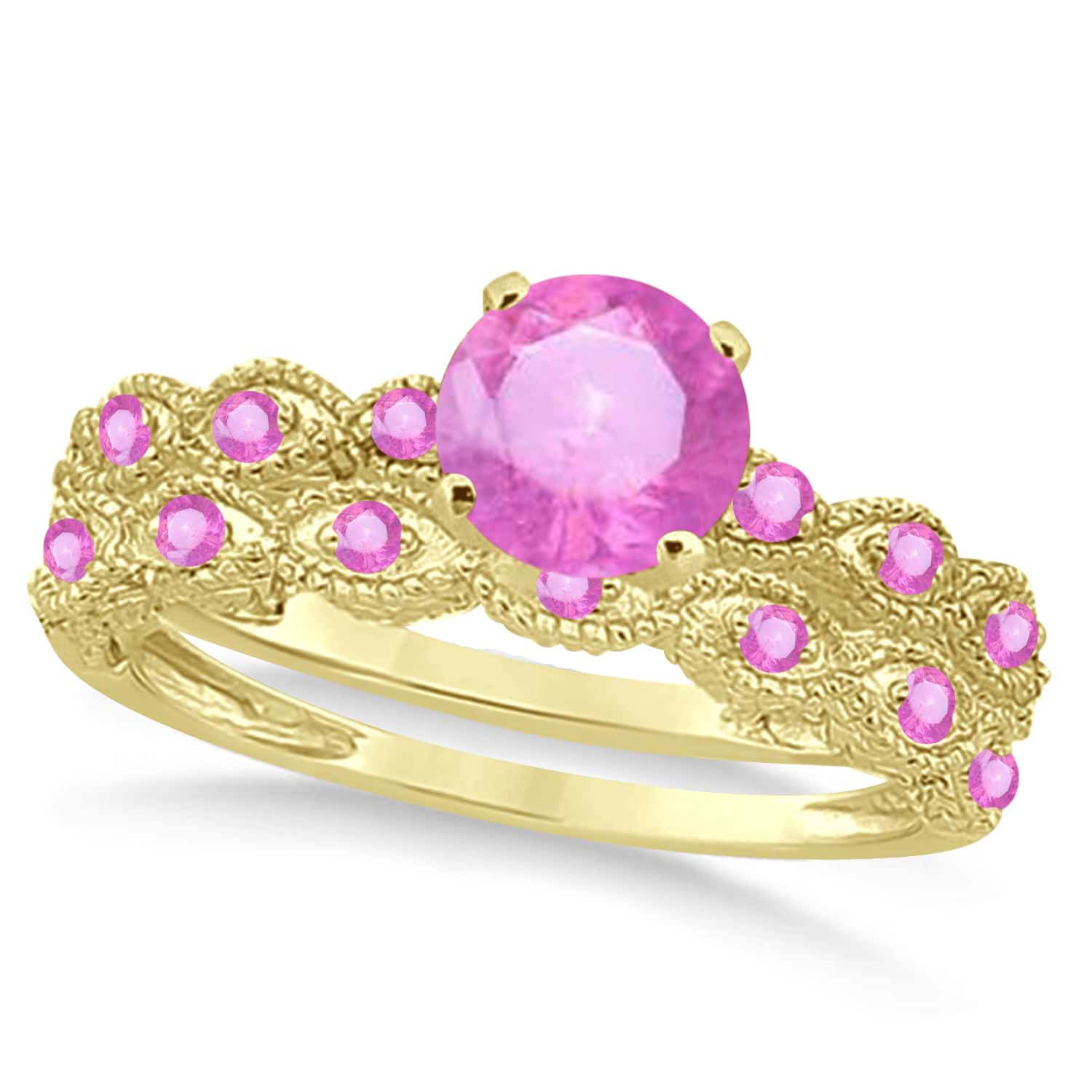 Vintage Pink Sapphire Engagement Ring Bridal Set 18k Yellow Gold 1.36ct