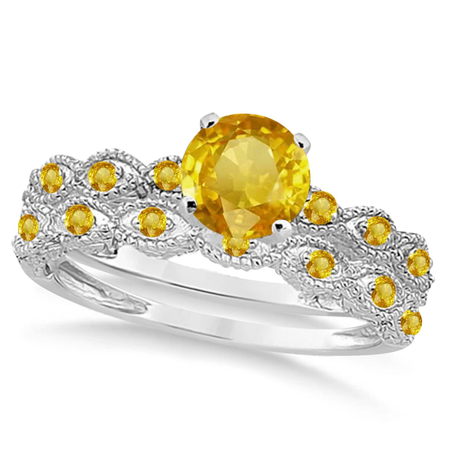Vintage Yellow Sapphire Engagement Ring Bridal Set 18k White Gold 1.36ct