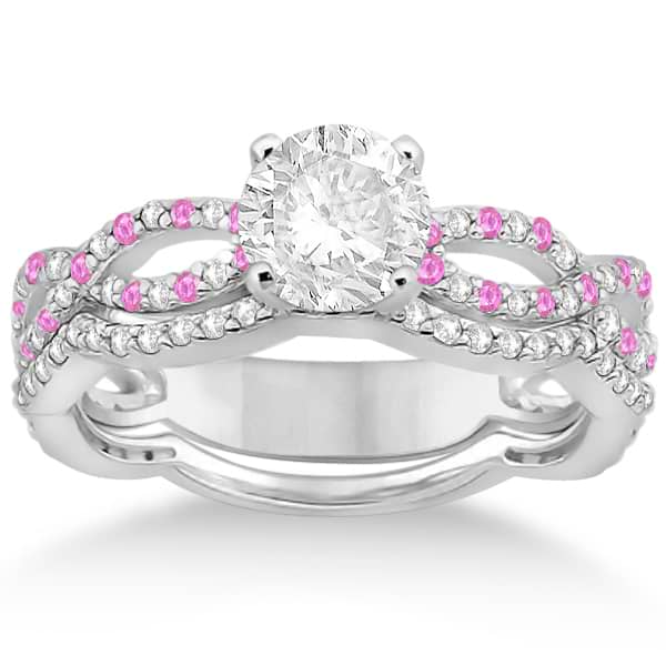 Infinity Diamond & Pink Sapphire Engagement Ring with Band 14k White Gold (0.65ct)