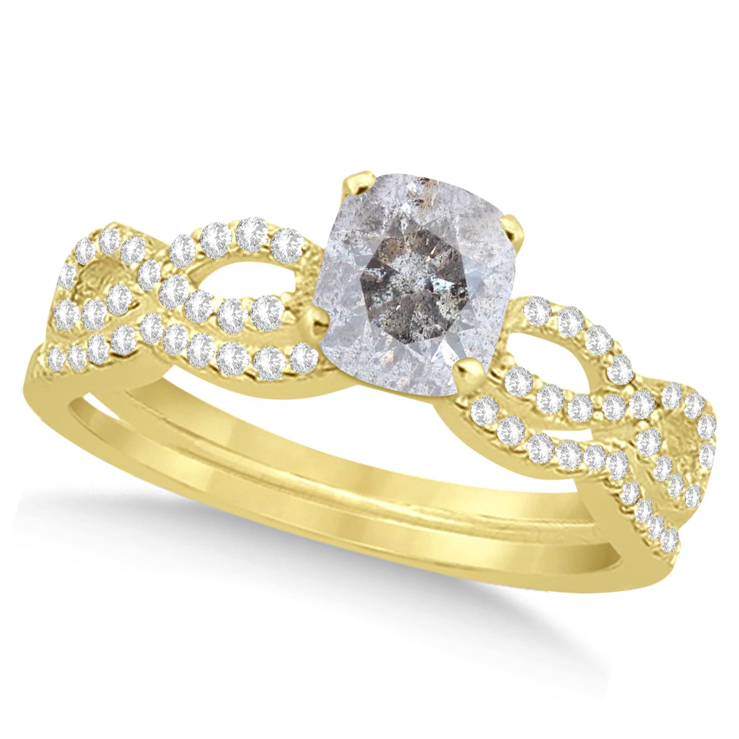 Infinity Cushion-Cut Salt & Pepper Diamond Bridal Ring Set 14k Yellow Gold (0.63ct)