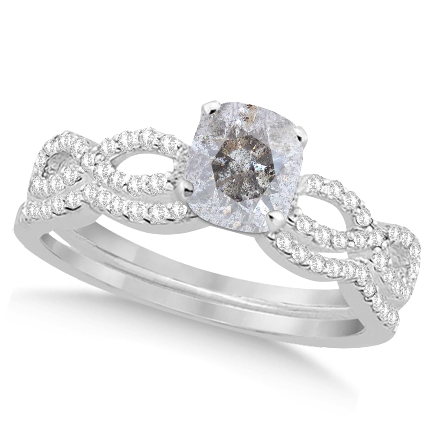 Infinity Cushion-Cut Salt & Pepper Diamond Bridal Ring Set 18k White Gold (0.88ct)