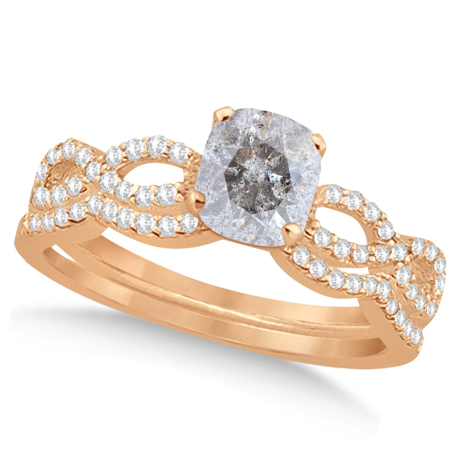 Infinity Cushion-Cut Salt & Pepper Diamond Bridal Ring Set 14k Rose Gold (1.13ct)
