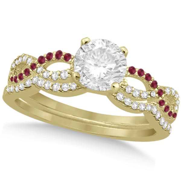 Infinity Twisted Round Diamond Ruby Bridal Set 14k Yellow Gold (0.63ct)