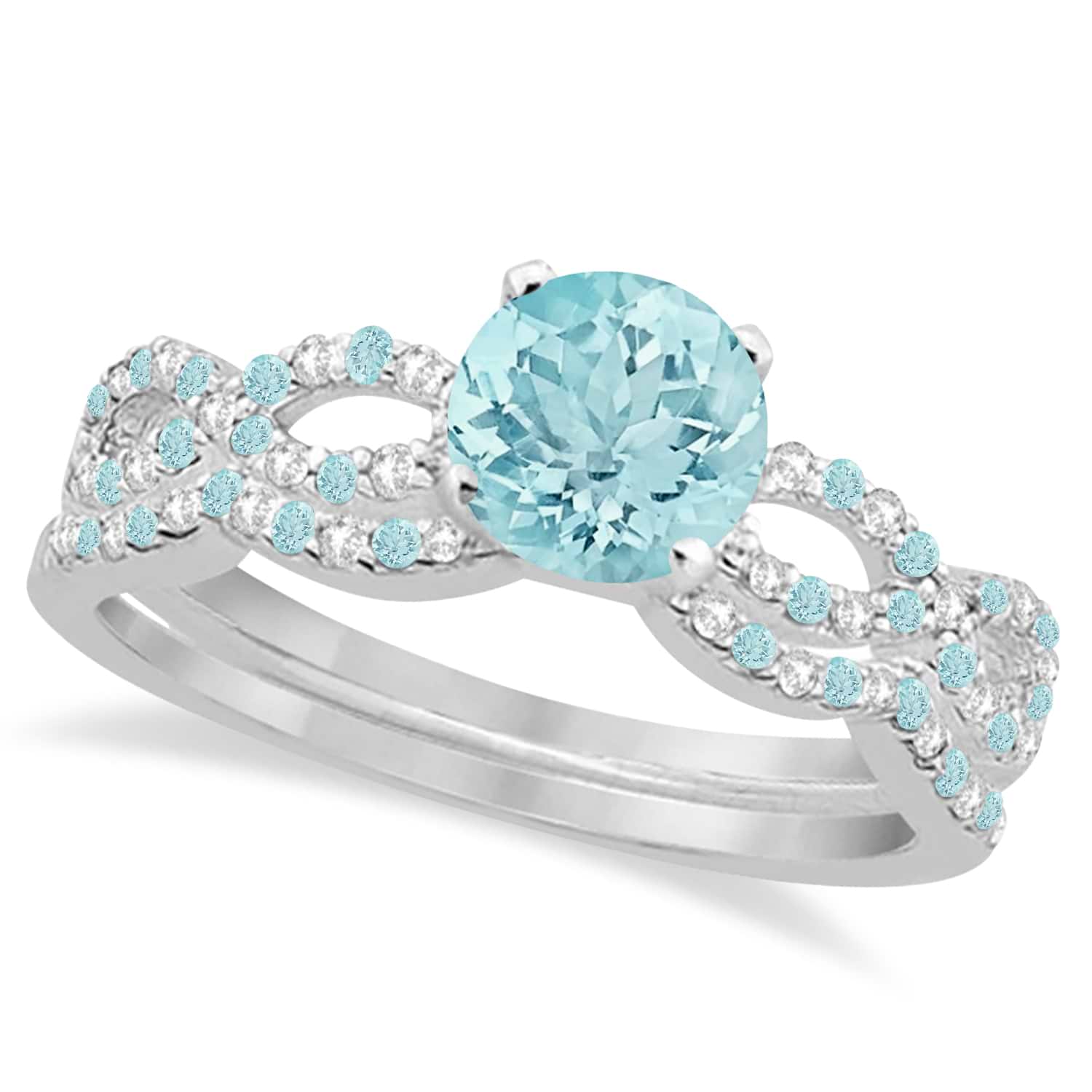 Diamond & Aquamarine Infinity Style Bridal Set 14k White Gold 2.24ct