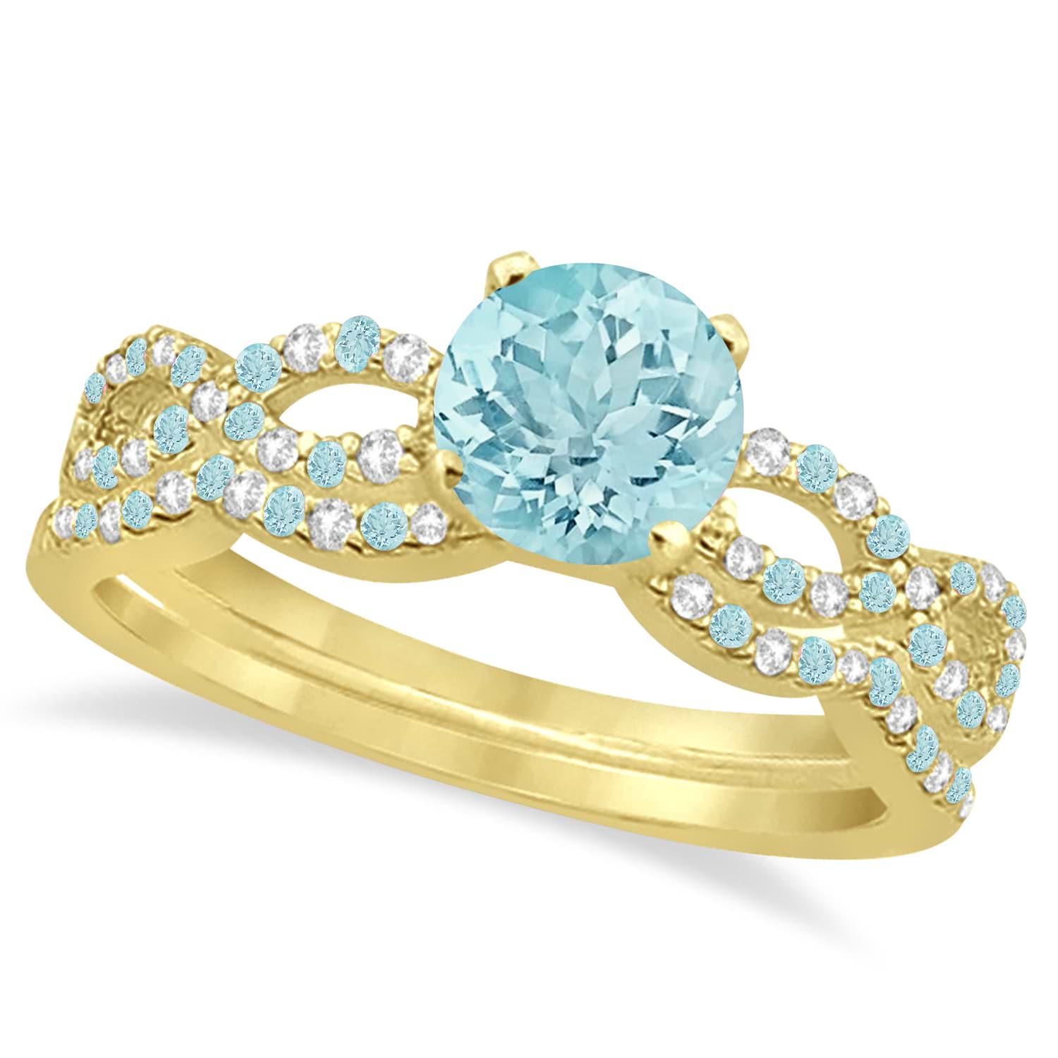 Infinity Style Aquamarine & Diamond Bridal Set 14k Yellow Gold 1.14ct