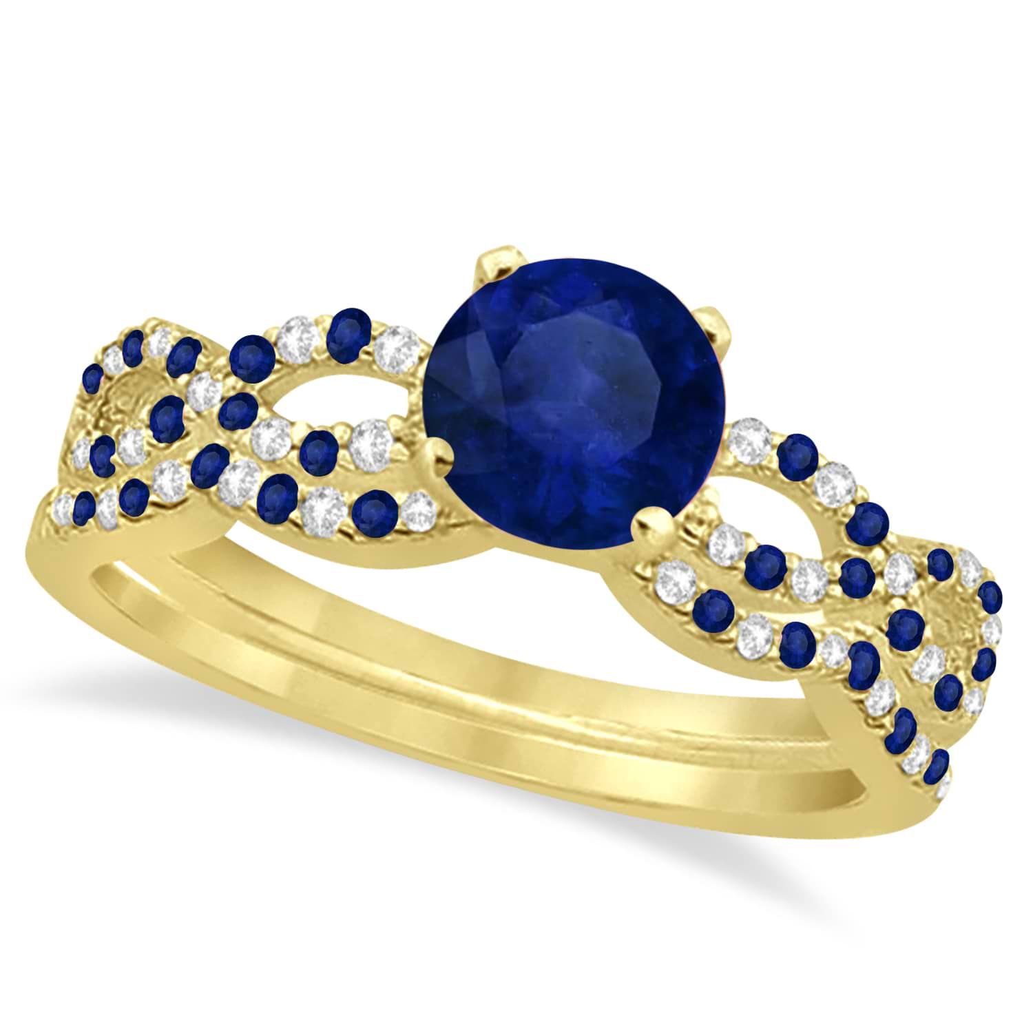 Infinity Style Blue Sapphire & Diamond Bridal Set 14k Yellow Gold 1.29ct